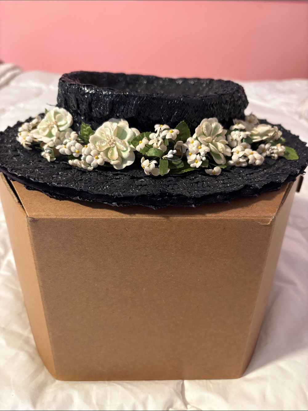 Vintage-Inspired Black Floral Straw Hat Accent